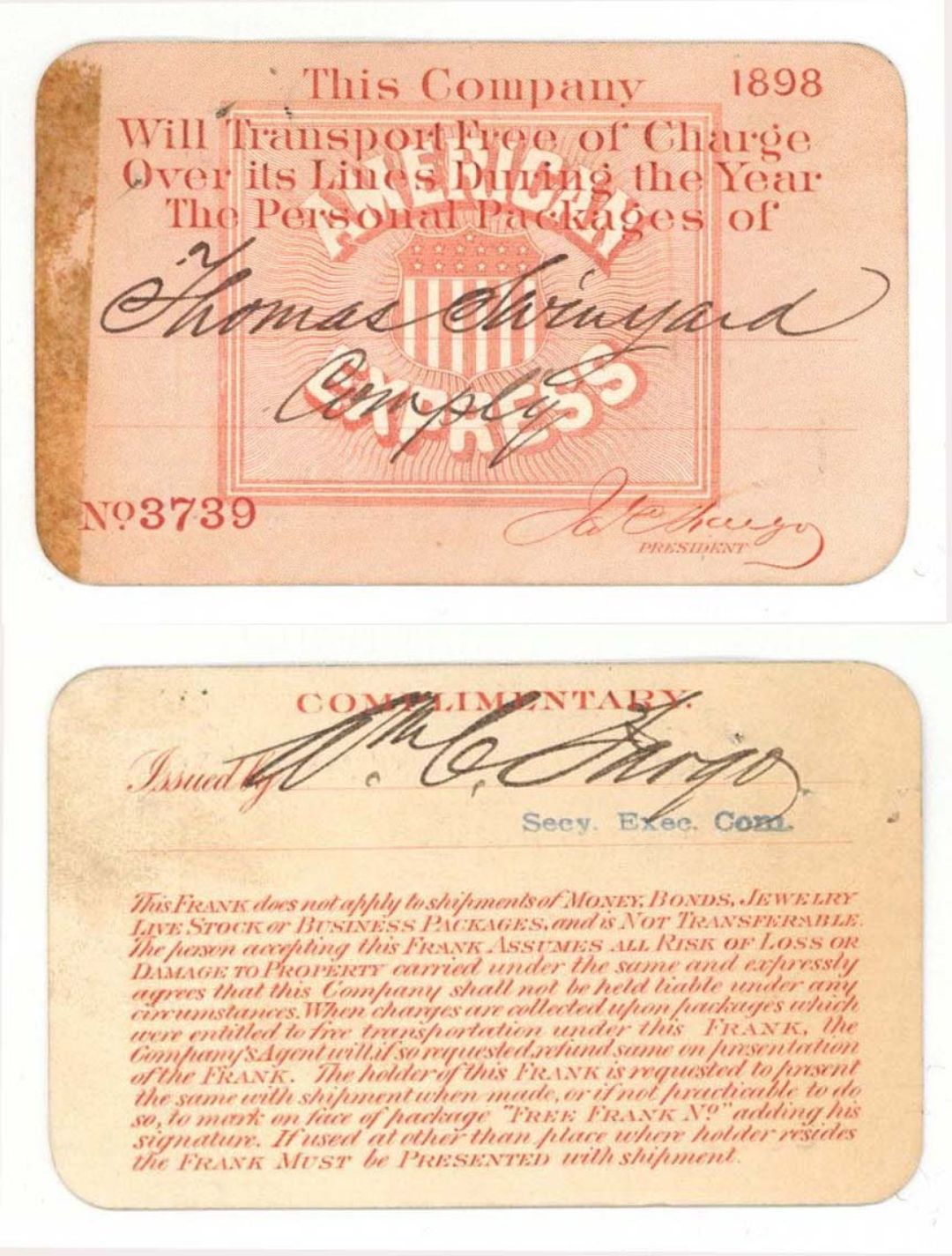 American Express Ticket signed by William C. Fargo - 1898 dated Autographs