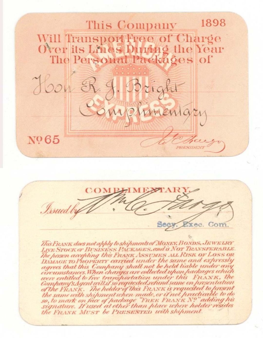 American Express Ticket signed by William C. Fargo - 1898 dated Autograph