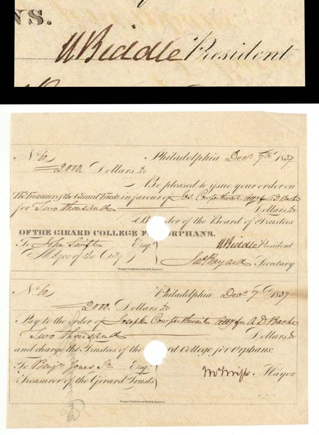 Document signed by Nicholas Biddle - 1837 dated Autograph - Famous Biddle Family
