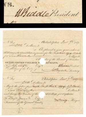 Document signed by Nicholas Biddle - 1837 dated Autograph - Famous Biddle Family