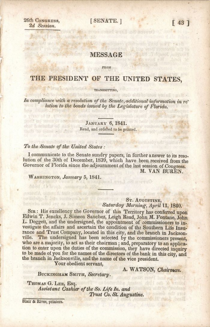 M. Van Buren Message as President of the U.S. Not signed - Autographs