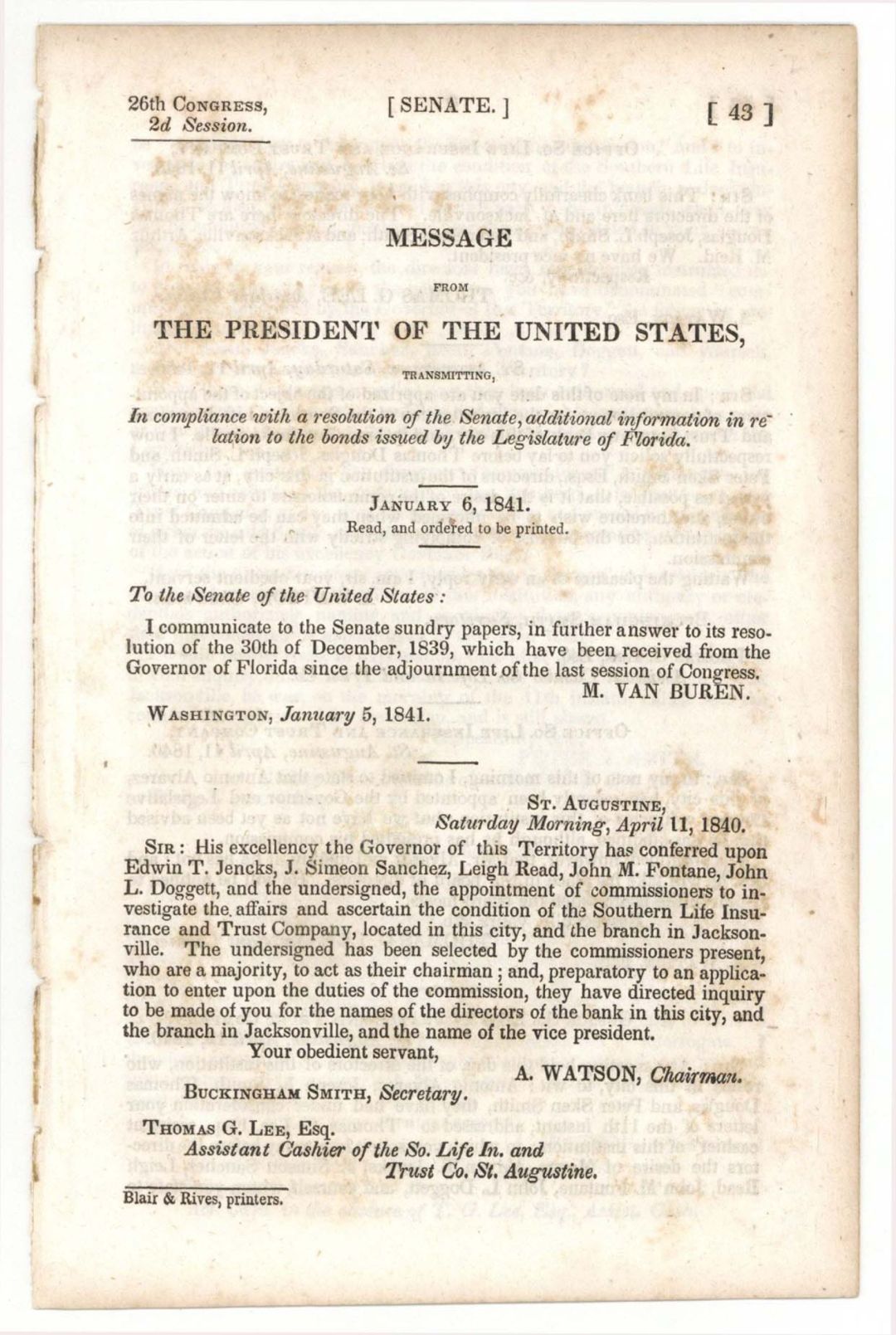 M. Van Buren Message as President of the U.S. Not signed - 1841 dated Autographs