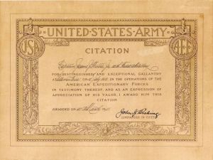 United States Army Citation with printed signature of John J. Pershing - Americana