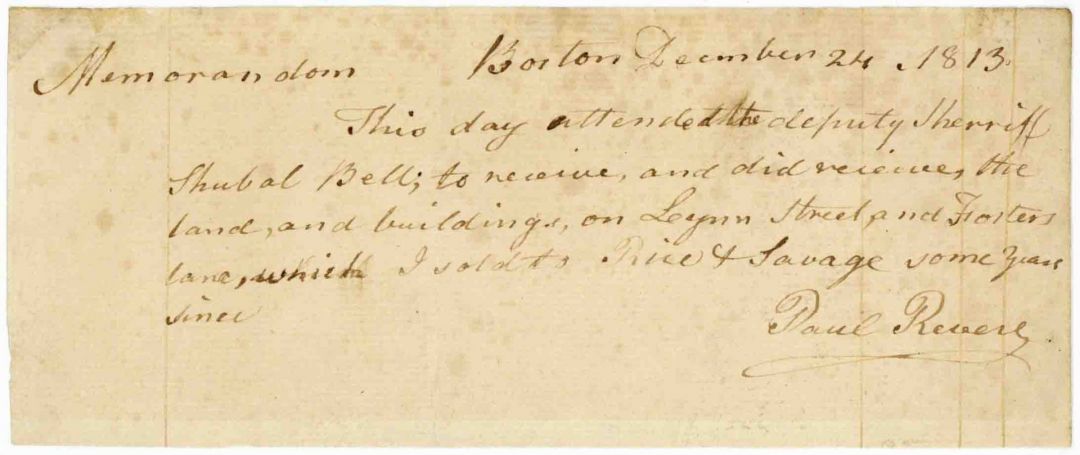 Paul Revere signed Memorandum dated Christmas Eve 1813 - Exceptional Autograph of the Midnight Rider
