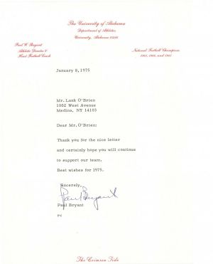 Paul Bryant signed Letter - Autographs - SOLD