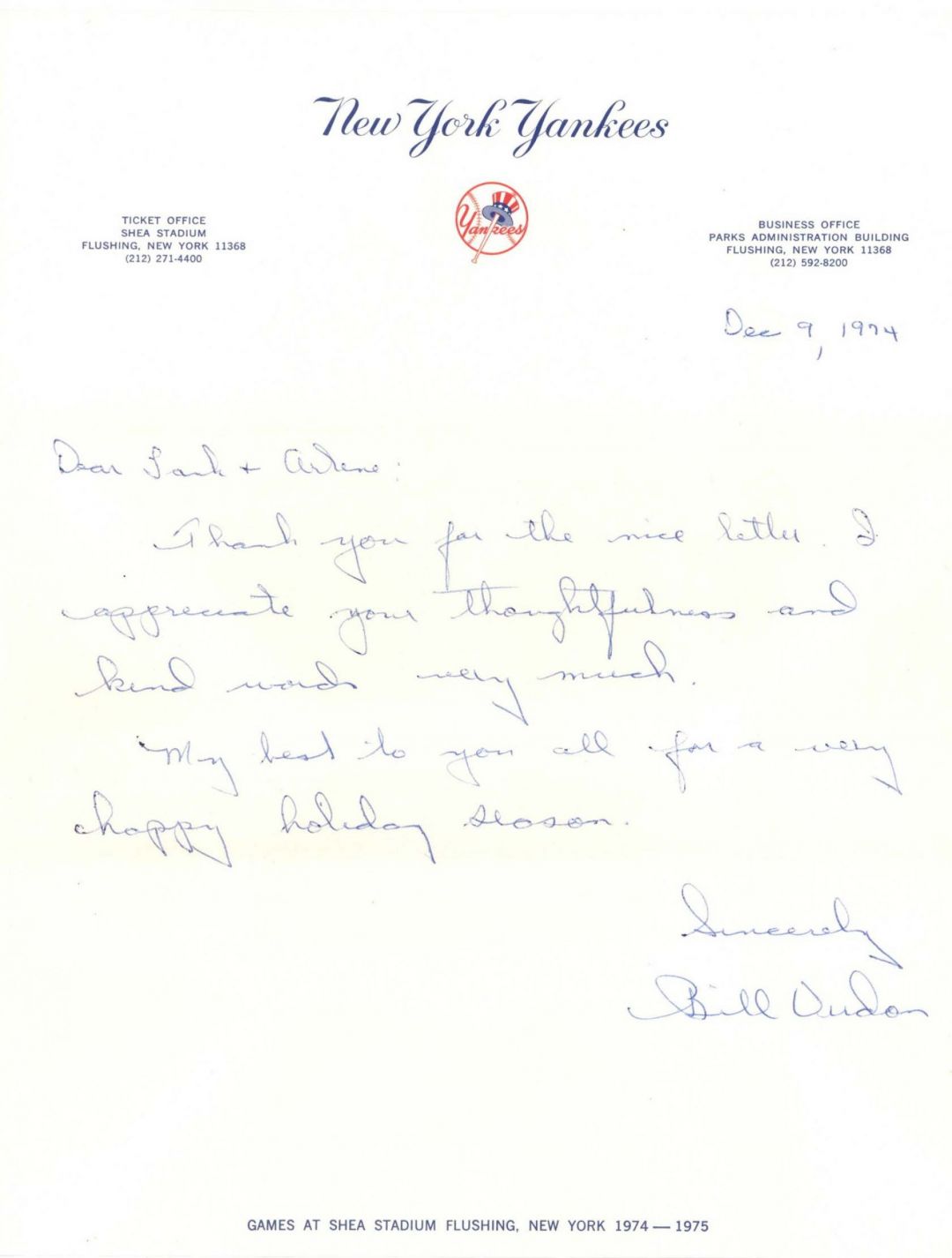 Signed Letter by Bill Virdon - Autographs