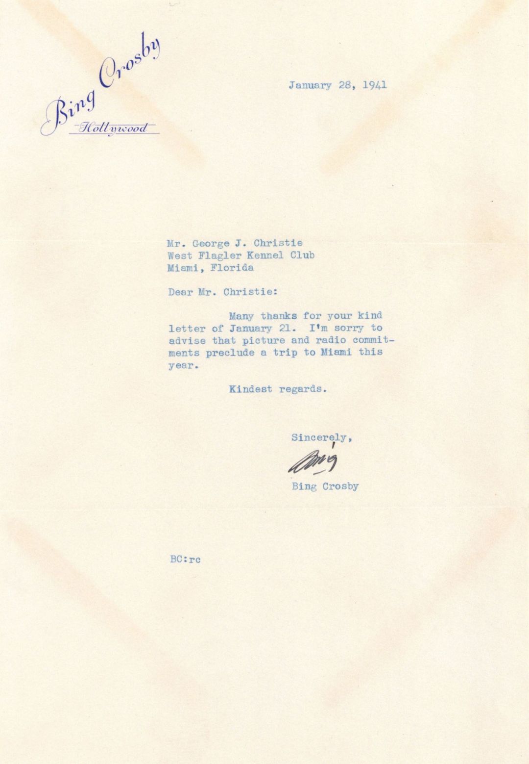 Typed Letter signed by Bing Crosby - Autographs