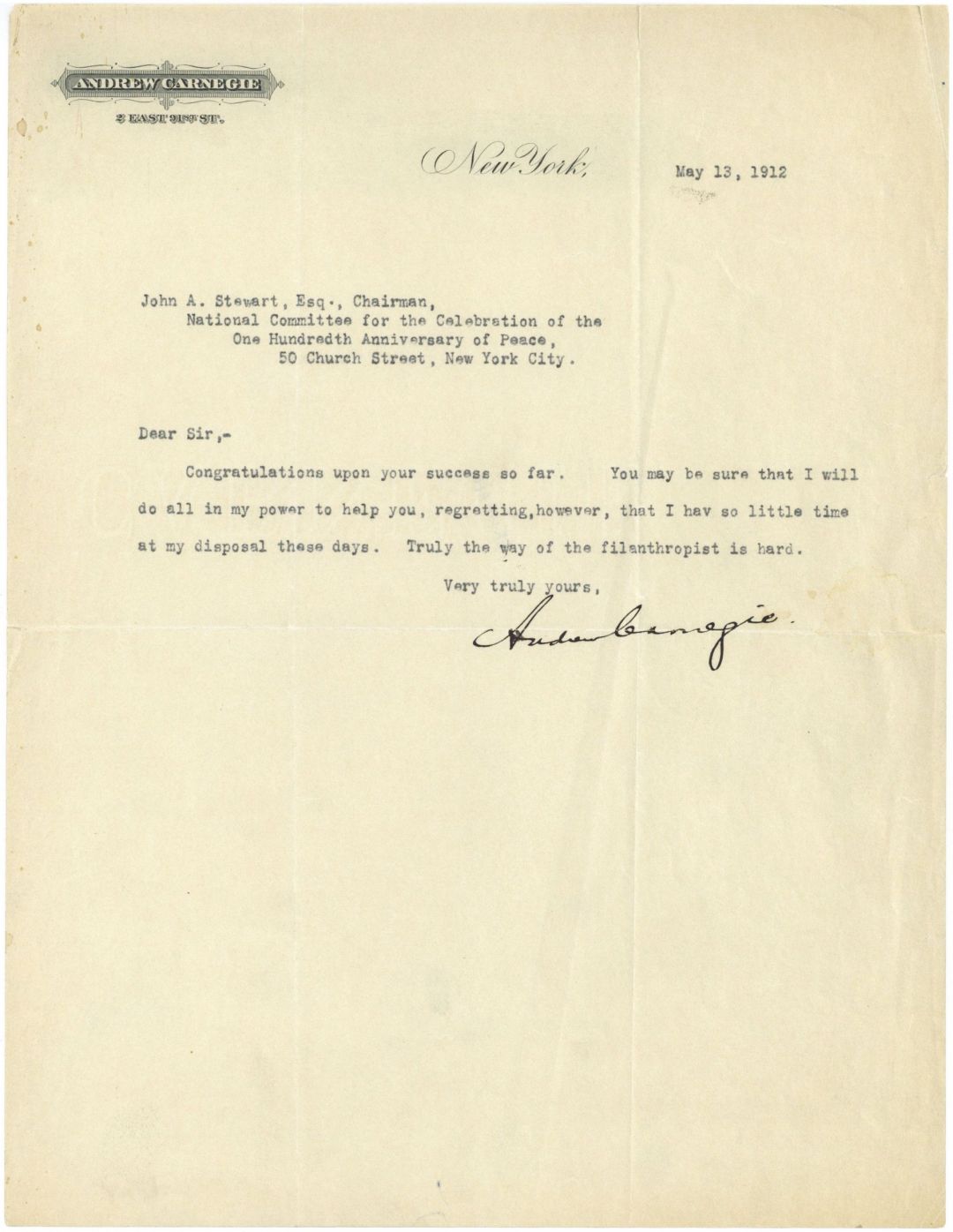 Andrew Carnegie signed Letter - Autograph dated May 13, 1912