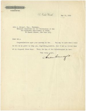 Andrew Carnegie signed Letter - Autograph dated May 13, 1912