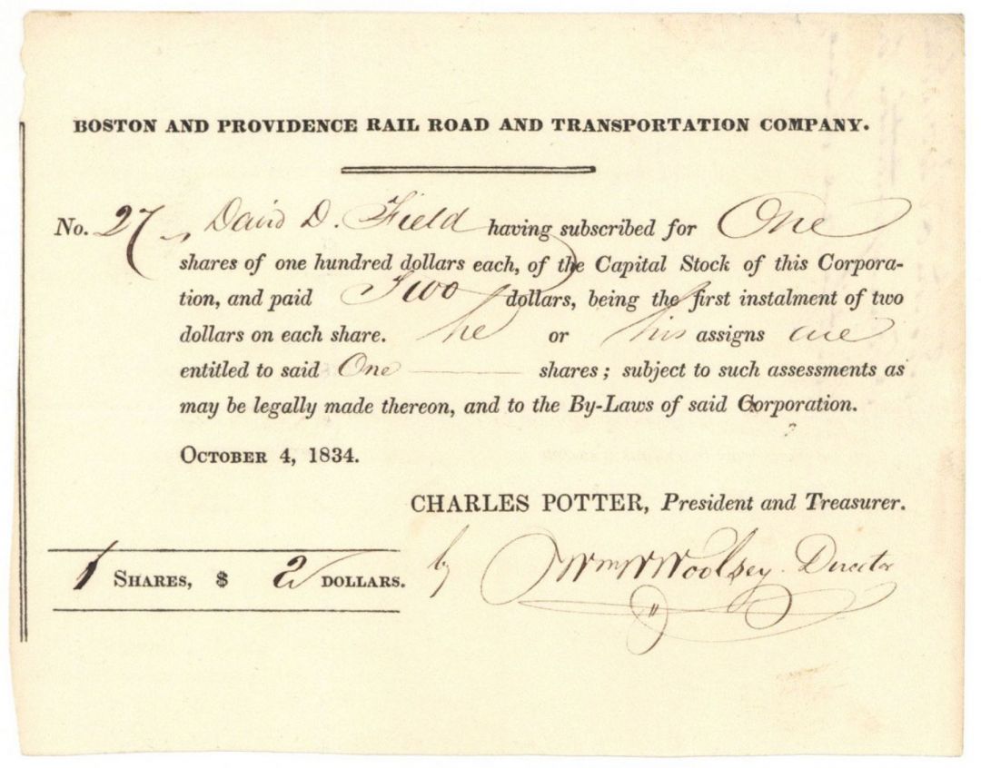 Boston and Providence Rail Road and Transportation Co. Issued to David D. Field - Autograph