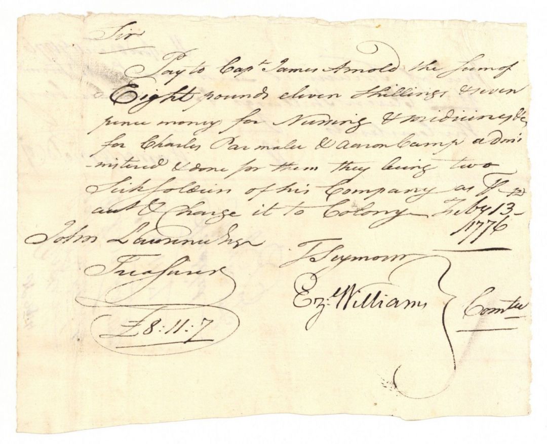 Capt. James Arnold Signed Pay Order - Autographed Connecticut Revolutionary Pay Order