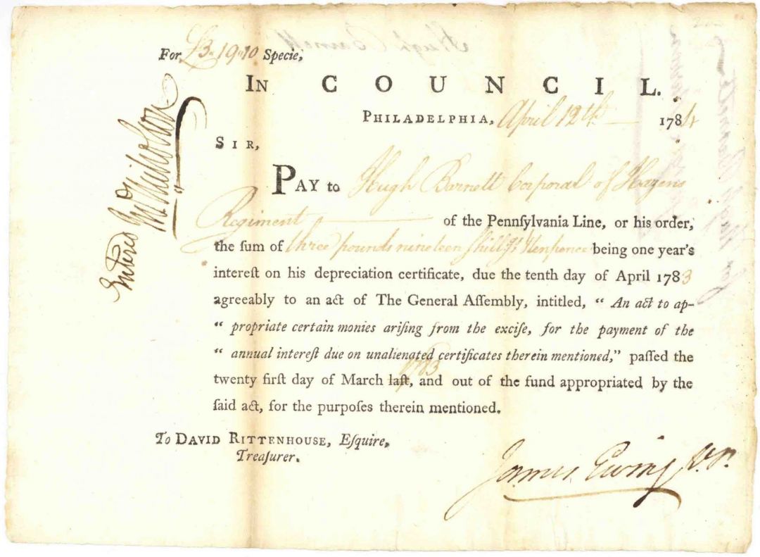 Hazens Regiment - John Nicholson Signed Certificate Paying Interest on Depreciation - Revolutionary War Period Pay Order