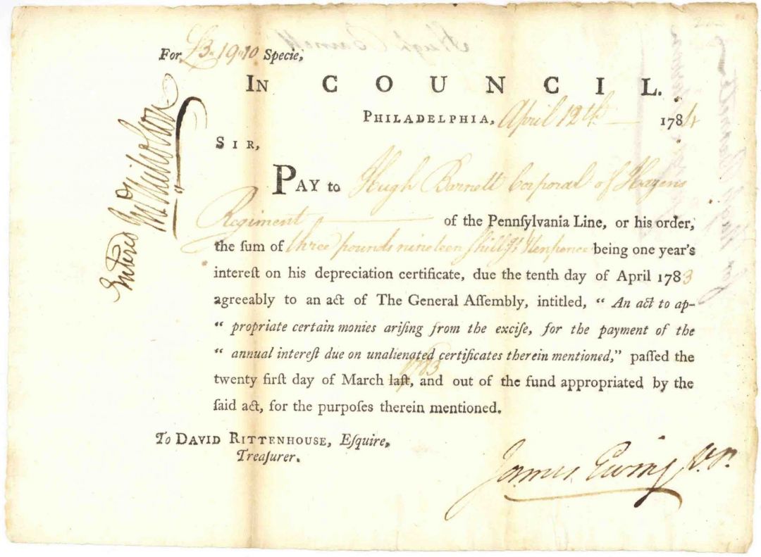 Hazens Regiment - John Nicholson Signed Certificate Paying Interest on Depreciation - Revolutionary War Period Pay Order