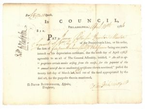 John Dickinson & John Nicholson Signed Certificate Paying Interest on Depreciation - Revolutionary War Period Pay Order - SOLD