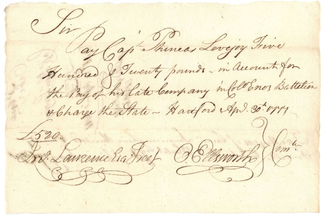 Oliver Ellsworth signed Revolutionary War Pay Order - 1777 dated Autograph - American Revolution
