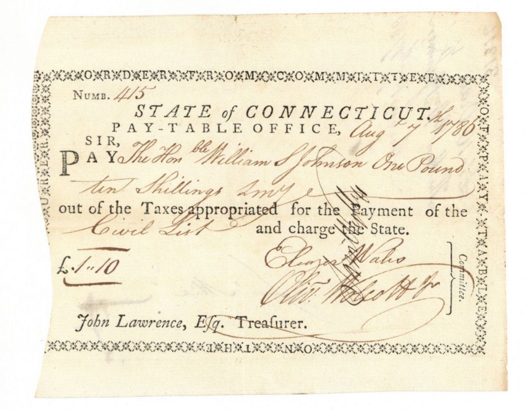 Connecticut Pay Order Issued to Wm. S. Johnson  - Autographs