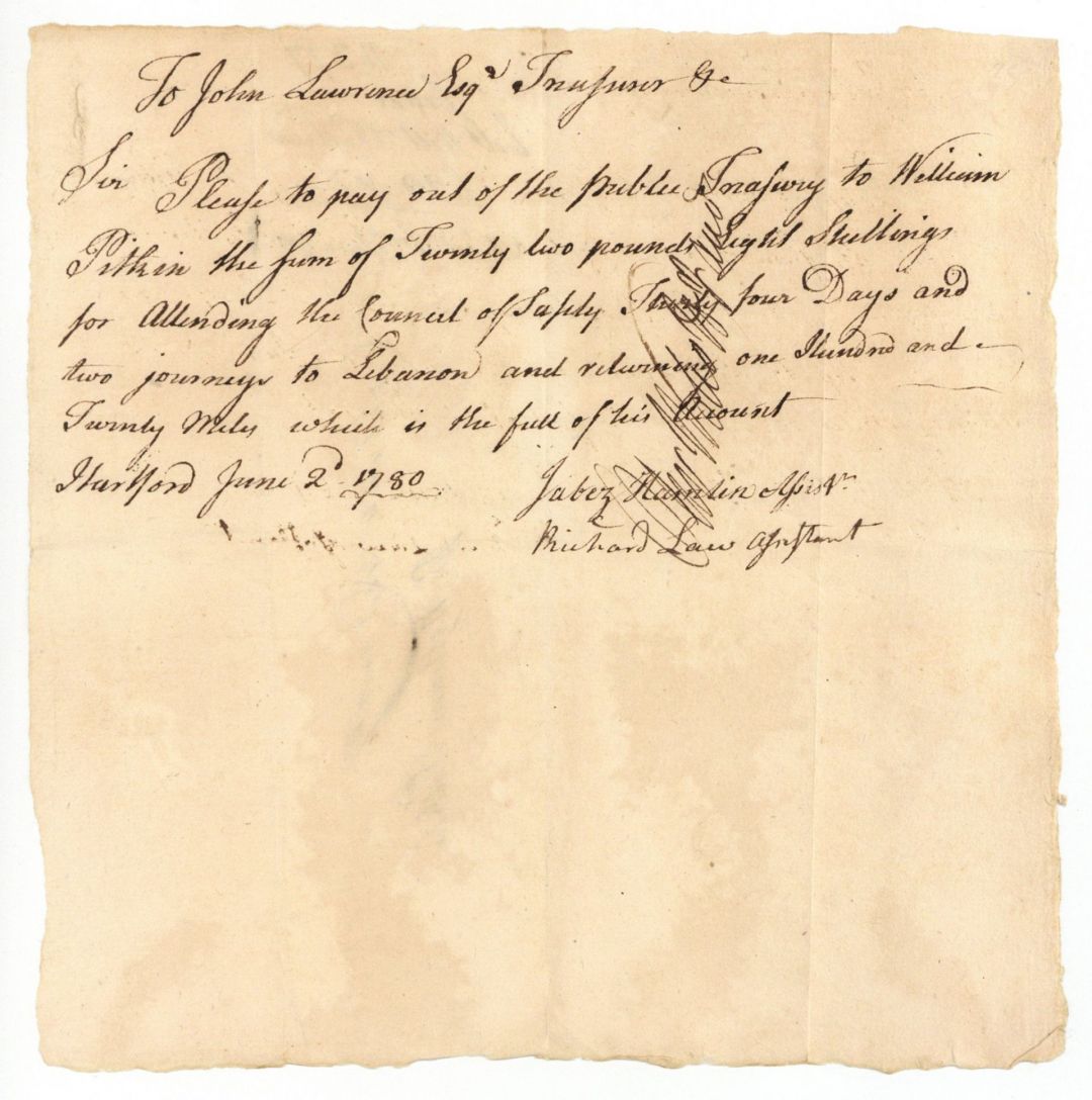Revolutionary War Pay Order signed by Oliver Wolcott, Jr. and Richard Law - Autograph