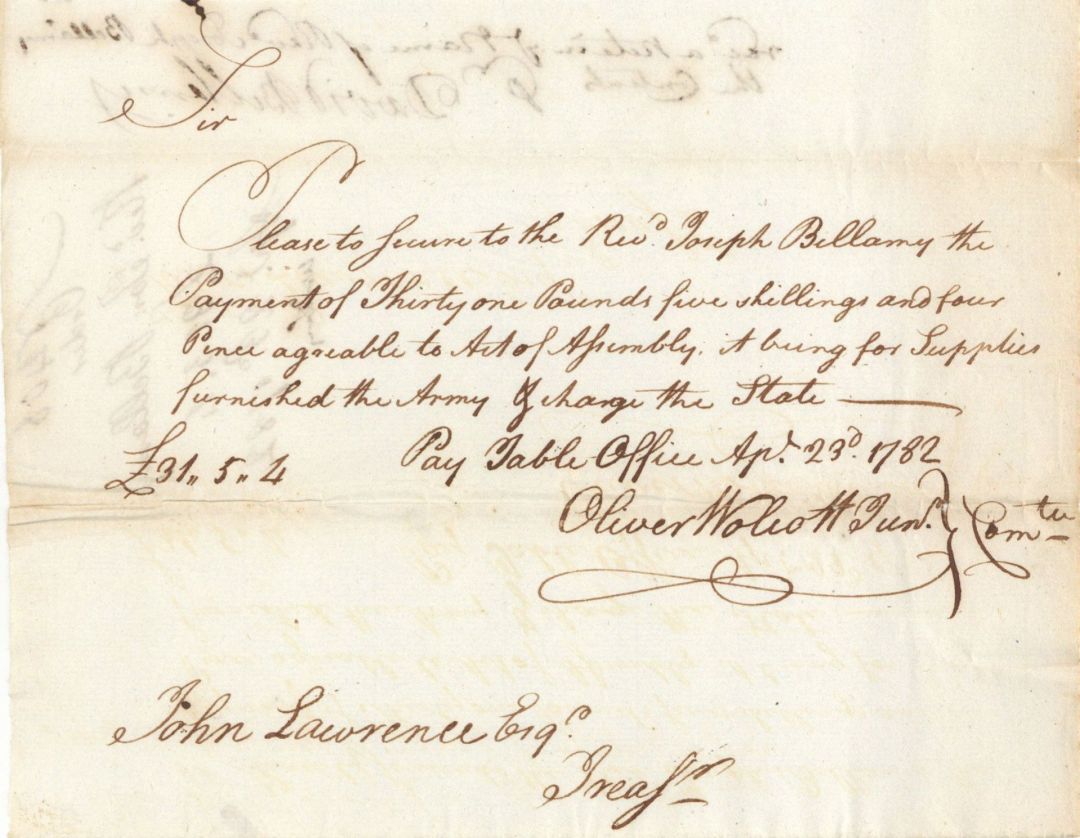 Revolutionary War Pay Order signed by Oliver Wolcott, Jr. - Autograph