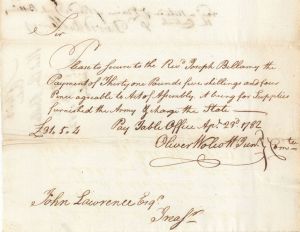 Revolutionary War Pay Order signed by Oliver Wolcott, Jr. - Autograph - SOLD