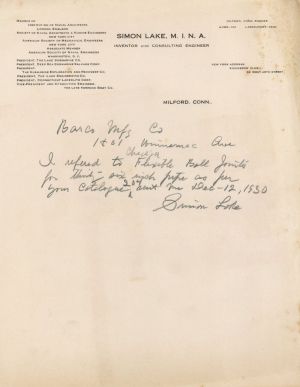 Letter signed by Simon Lake - 1930 dated Autograph ALS - Submarine History
