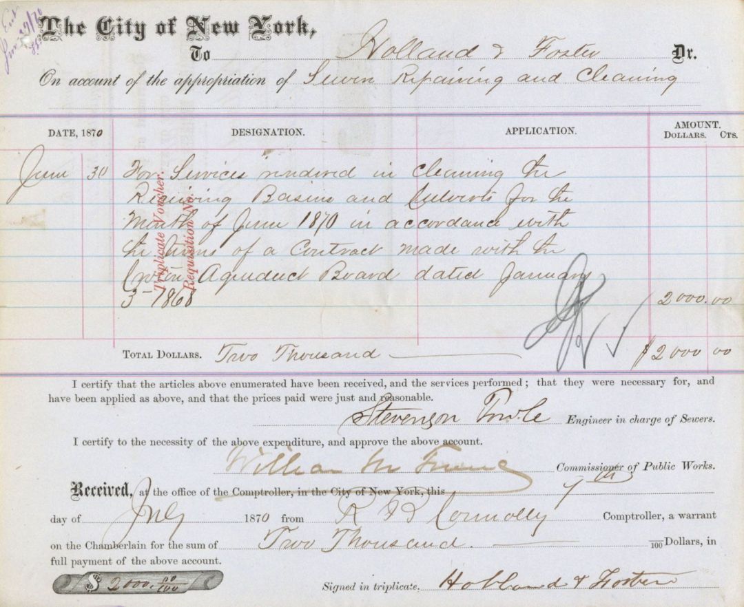 Boss Tweed signed 1870 dated City of New York Invoice - William M. Tweed - Autograph