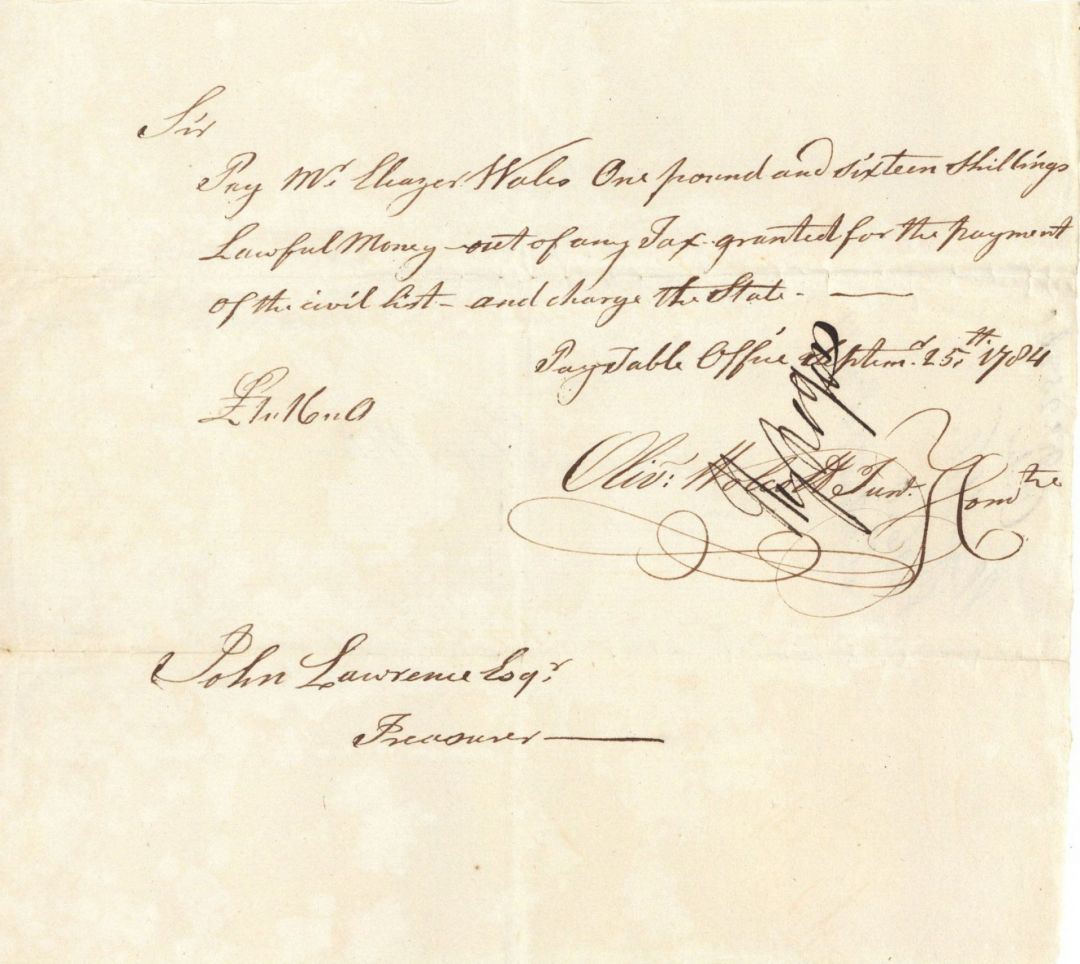 Oliver Wolcott Jr. signed Revolutionary War Pay Order - Autograph Document