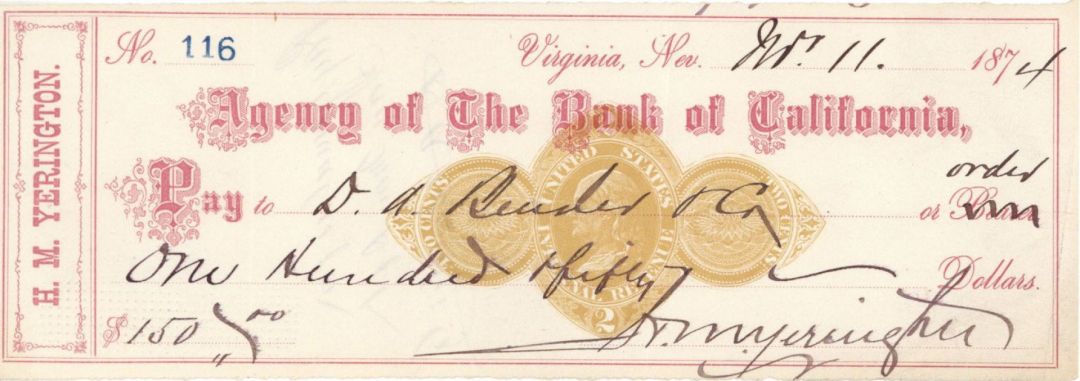 H.M. Yerington signed Check - Autograph