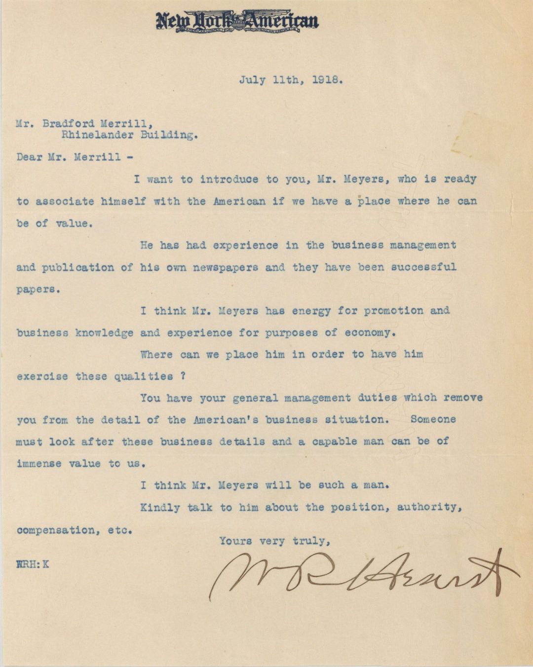 William Randolph Hearst Signed Letter - 1918 dated Autograph - Very Rare and Sought After