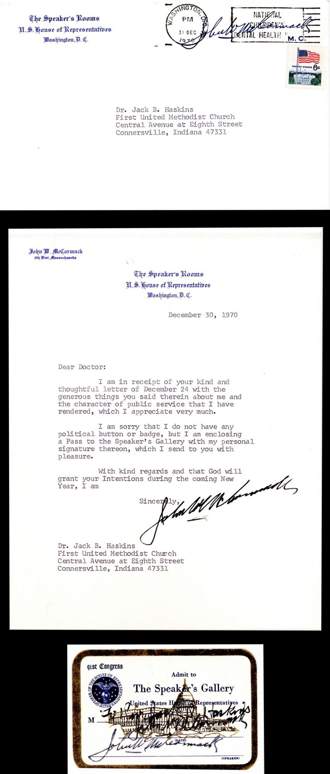 John W. McCormack Signed Letter and Speaker's Gallery Ticket - 1970 dated Autograph