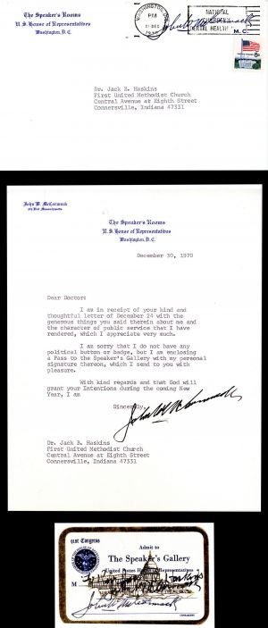 John W. McCormack Signed Letter and Speaker's Gallery Ticket - Autograph