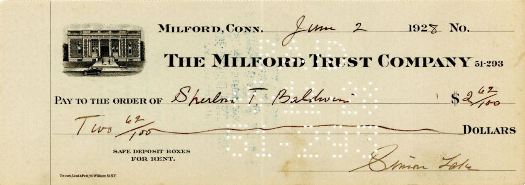 Milford Trust Company Check signed by Simon Lake - Autograph