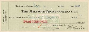 Milford Trust Company Check signed by Simon Lake - Autograph