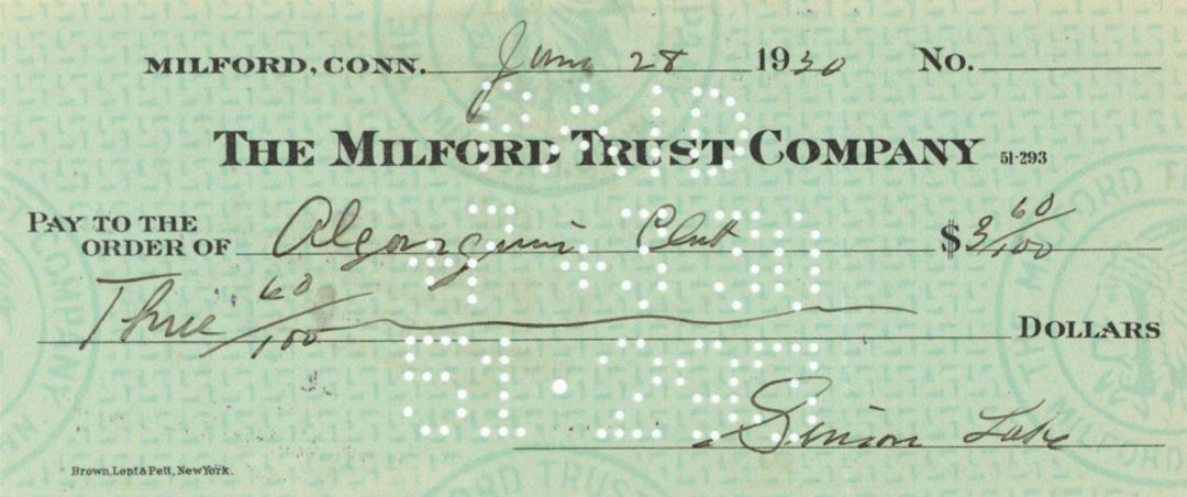 Milford Trust Company Check signed by Simon Lake - Autograph