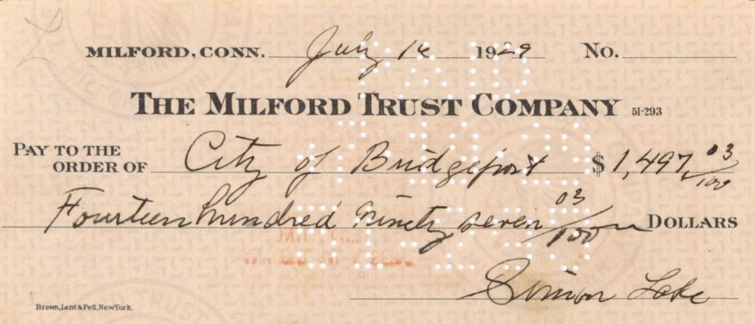 Milford Trust Company Check signed by Simon Lake - Autograph