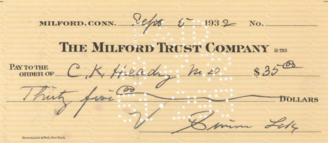 Milford Trust Company Check signed by Simon Lake - Autograph