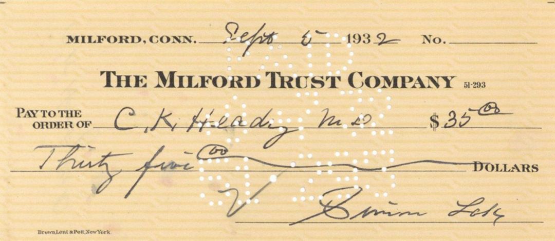 Milford Trust Company Check signed by Simon Lake - 1930's dated Autograph