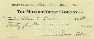 Milford Trust Company Check signed by Simon Lake - Autograph