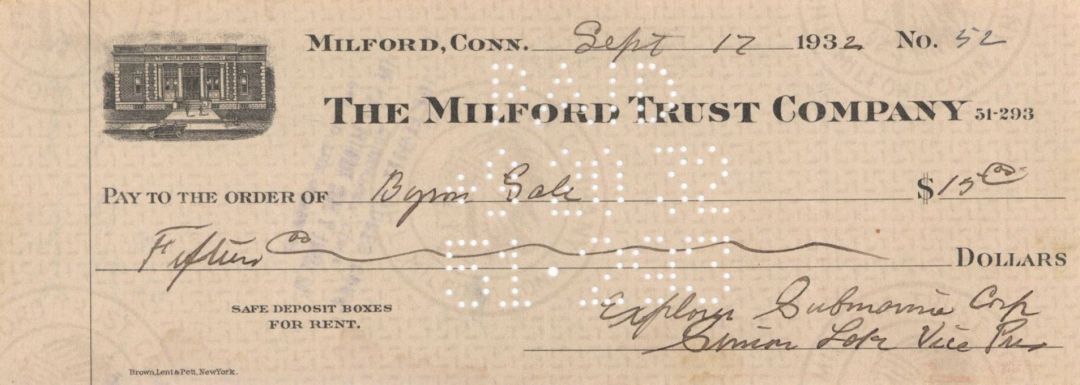 Milford Trust Company Check signed by Simon Lake - Autograph