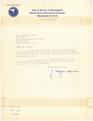 J. Edgar Hoover signed Letter - Autograph dated March 29, 1950 - SOLD