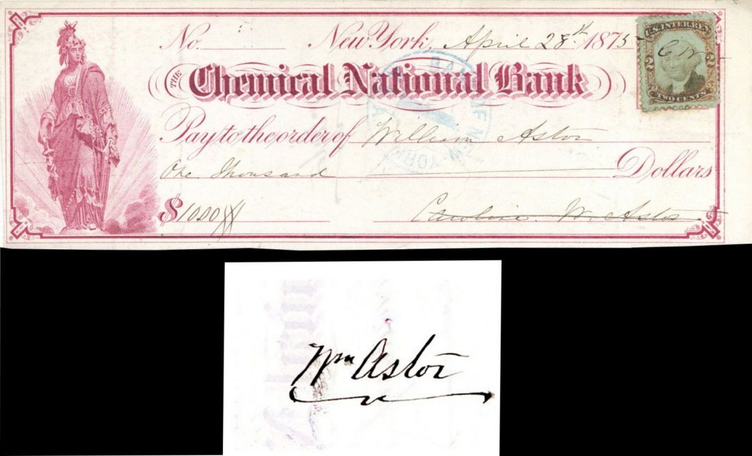 Chemical National Bank Signed by William Backhouse Astor Junior - 1875 dated Autograph