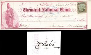 Chemical National Bank Signed by William Backhouse Astor Junior - 1875 dated Autograph - SOLD