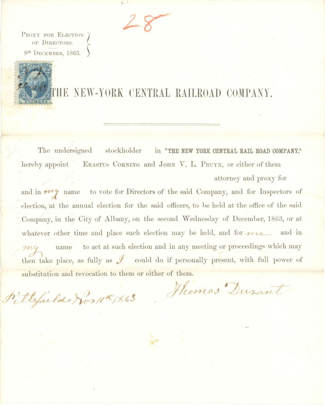 1863 dated New-York Central Railroad Co. Document signed by Thomas Durant - Autograph