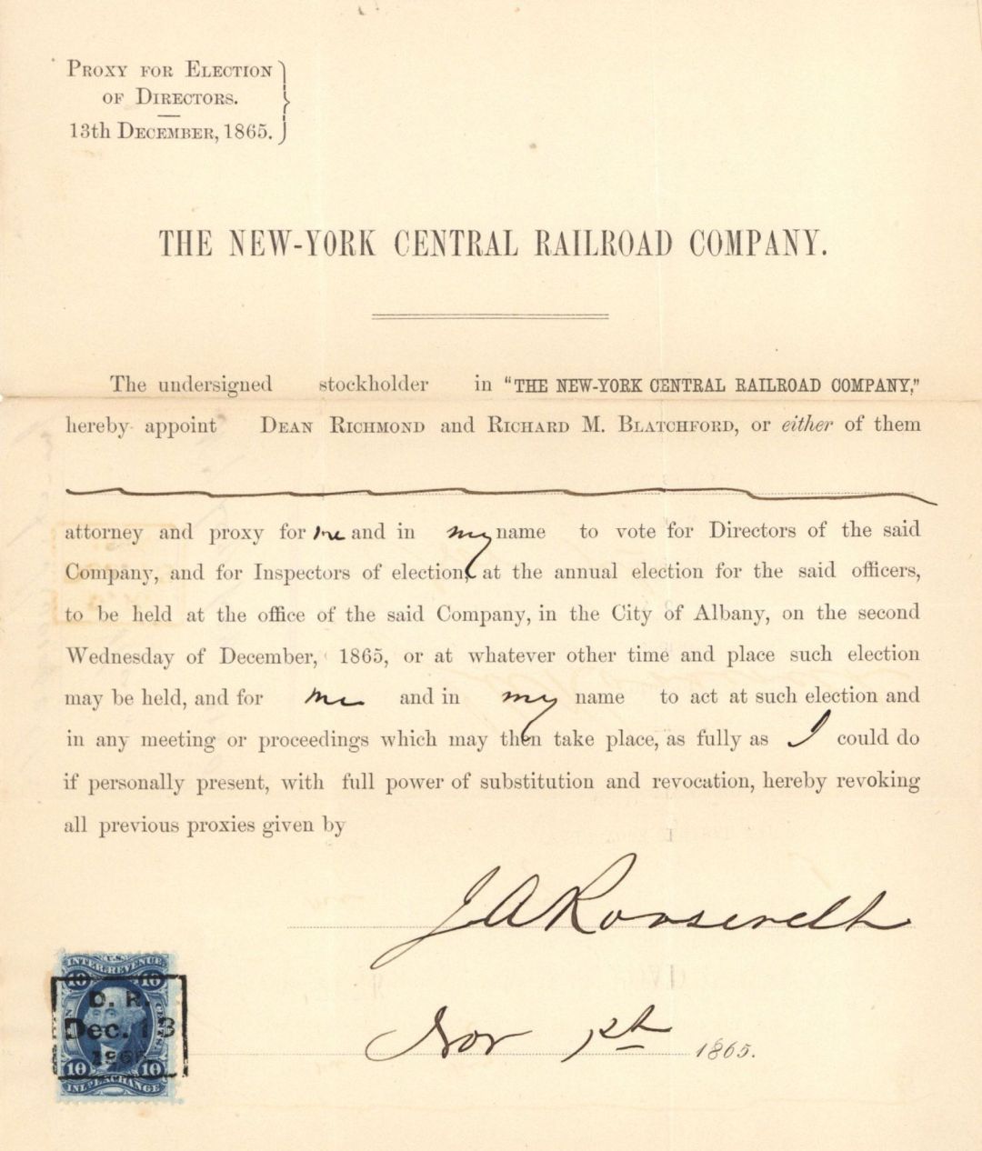 1865 New-York Central Railroad Co. signed by J.A. Roosevelt - Autographs