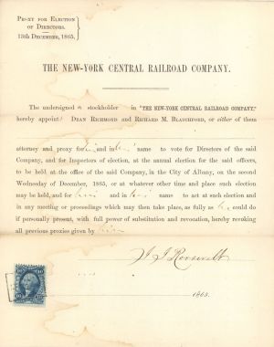 1865 New-York Central Railroad Co. signed by J.J. Roosevelt - Autographs