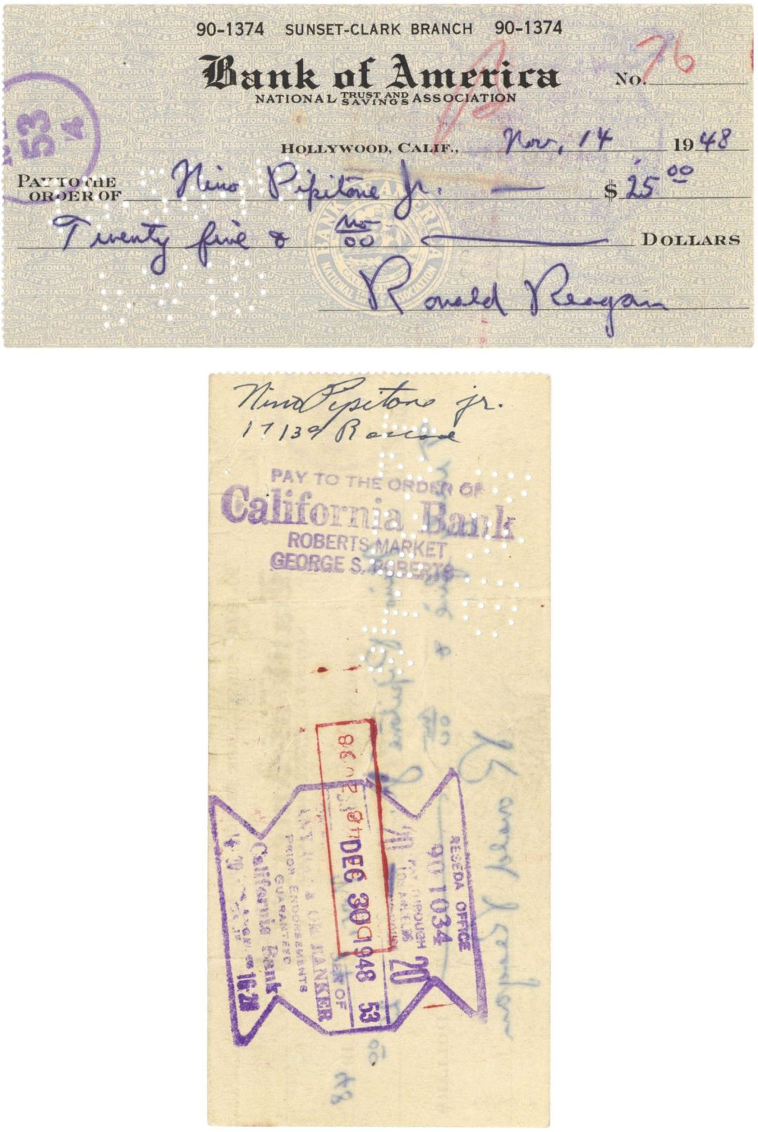 Ronald Reagan signed Bank of America Check dated 1948 - Autograph Check from Hollywood, California