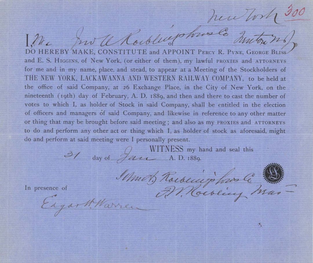 John Augustus Roebling signed New York, Lackawanna and Western Railway Co. Appointment  - 1889 dated Autographs