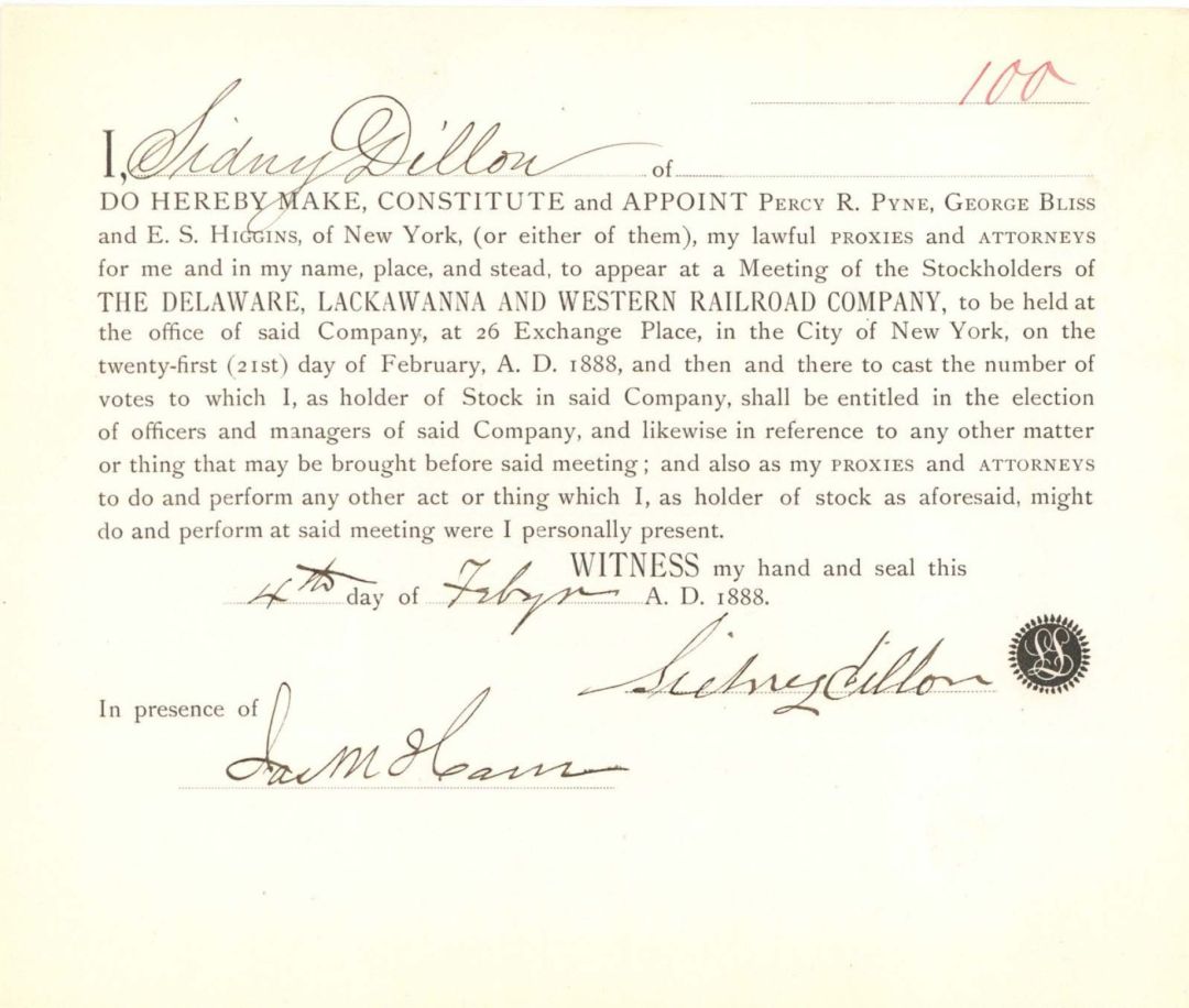 Delaware, Lackawanna and Western Railroad Co. Appointment signed by Sidney Dillon - 1892 dated Autograph