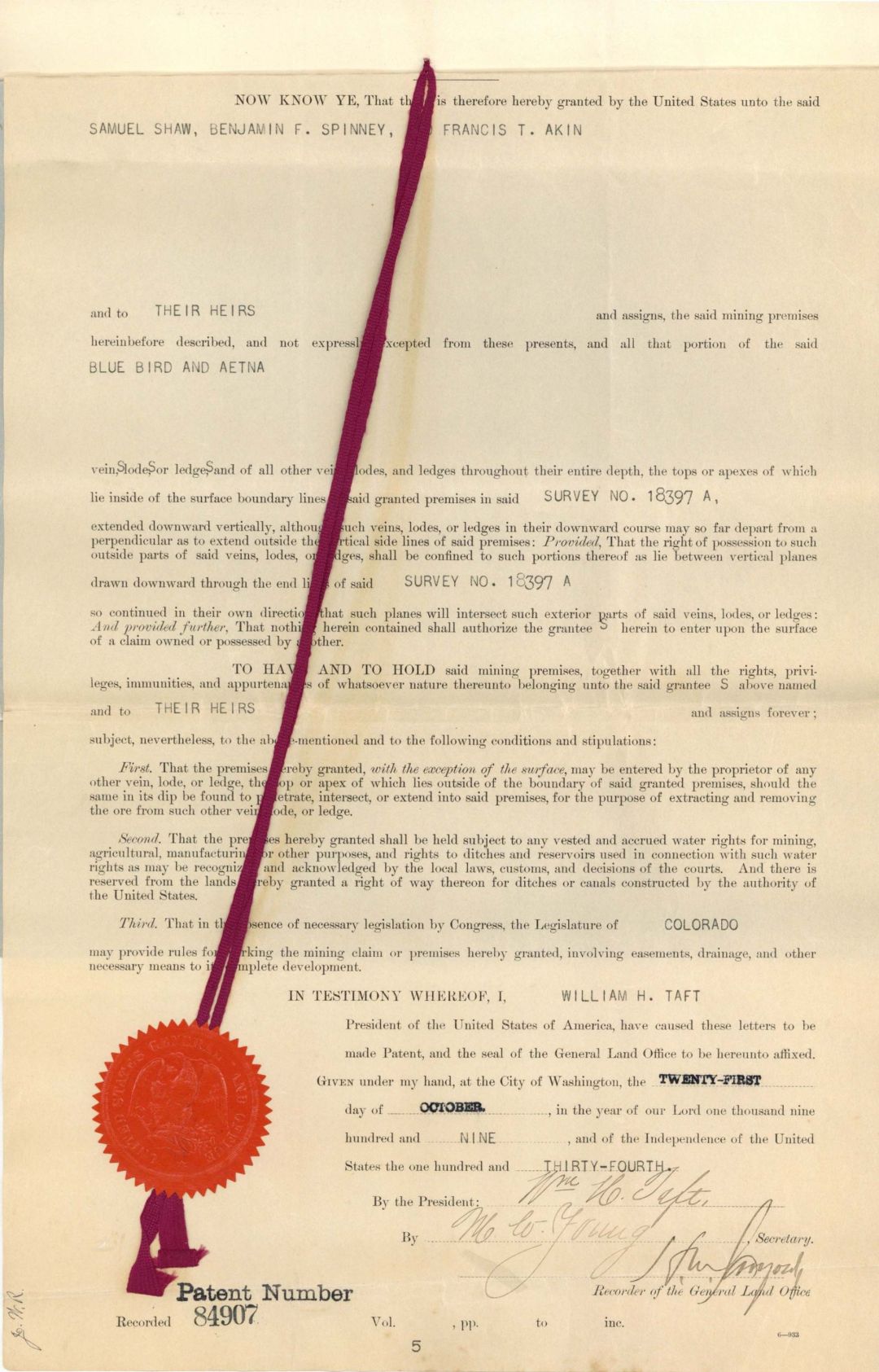 Mineral Patent signed by a Secretary for William H. Taft - 1909 dated Autograph