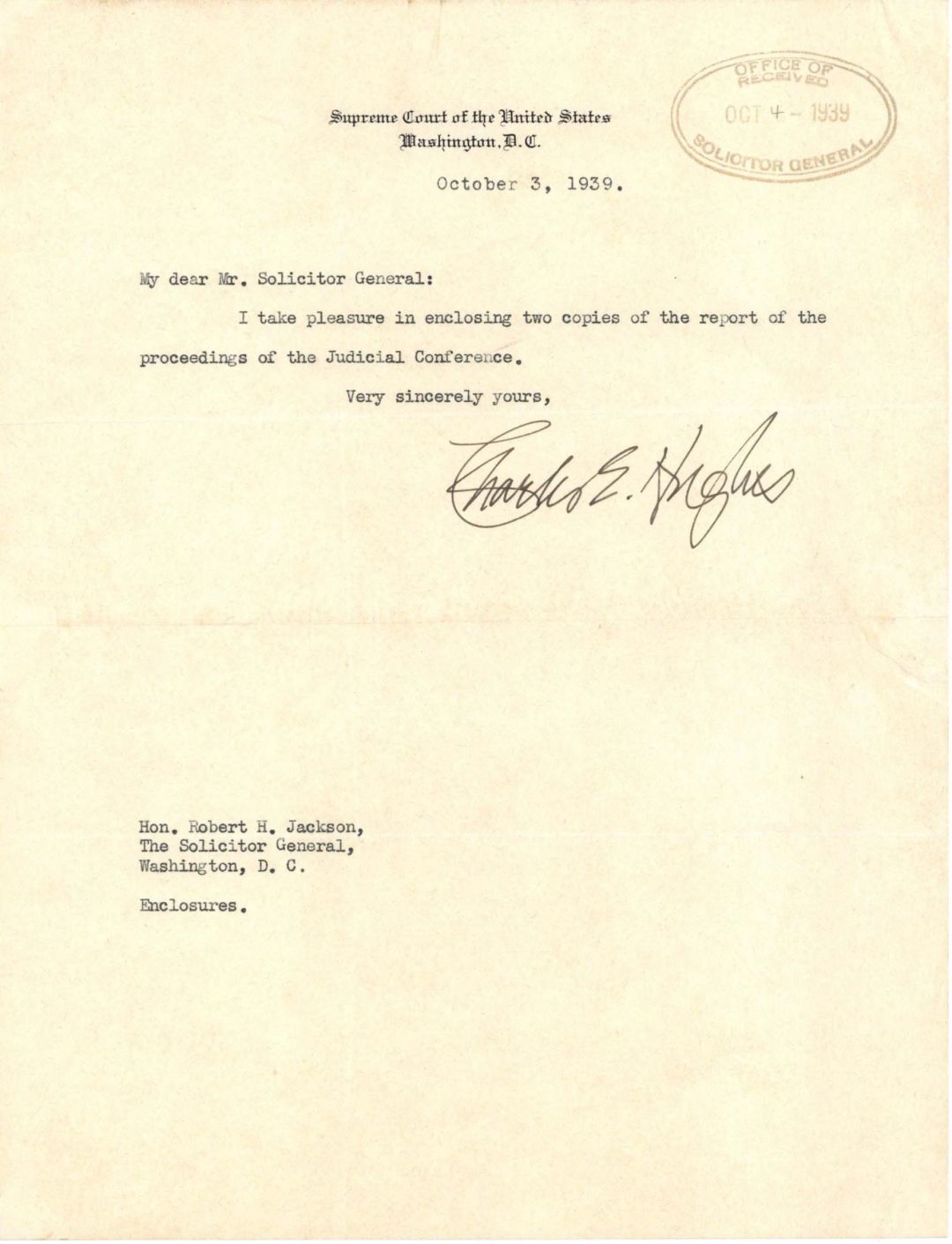 Typed Letter signed by Charles E. Hughes - 1939 dated Autograph