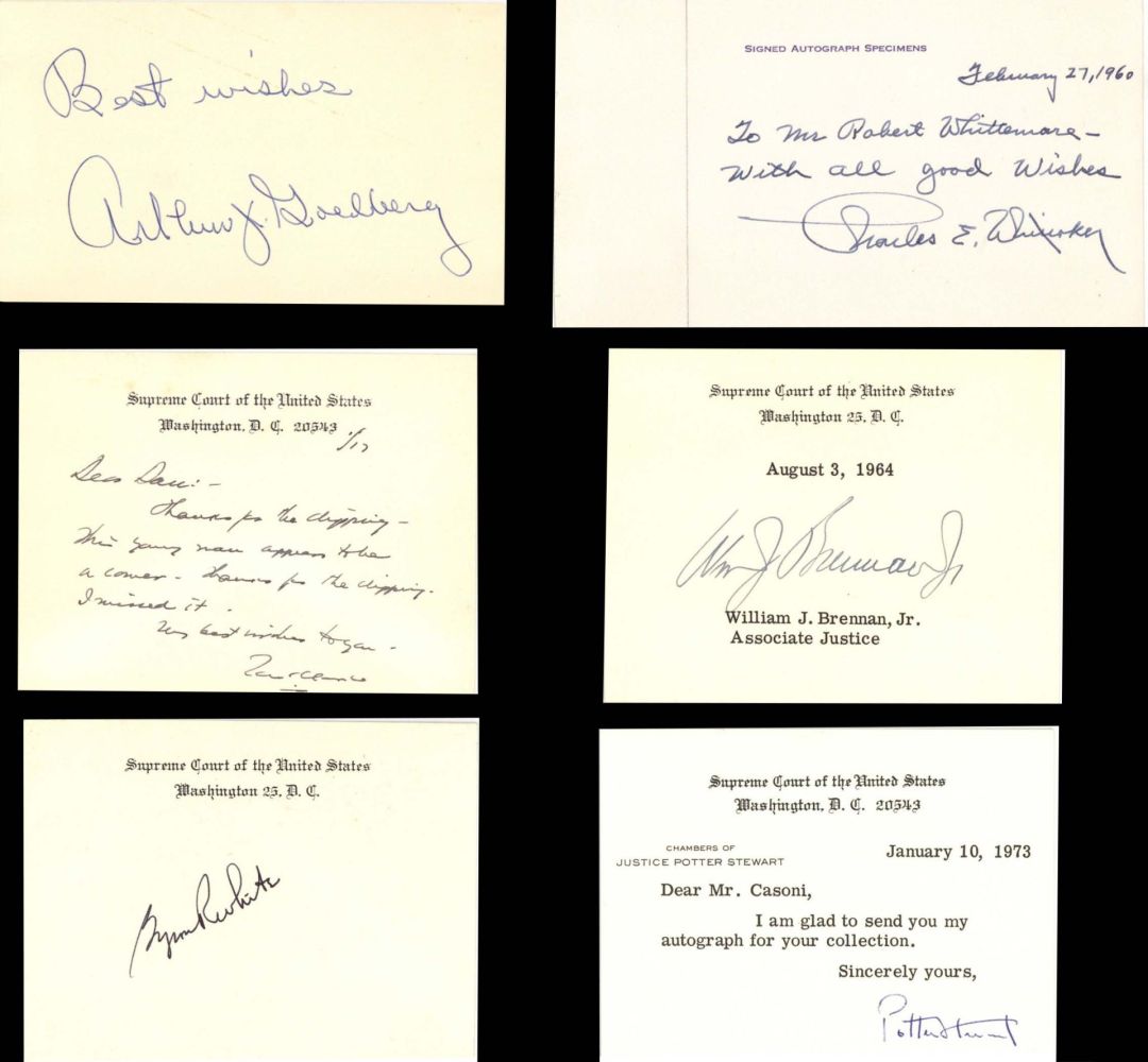 6 Cards signed by Supreme Court Justices - 1960's-1970's dated Autograph